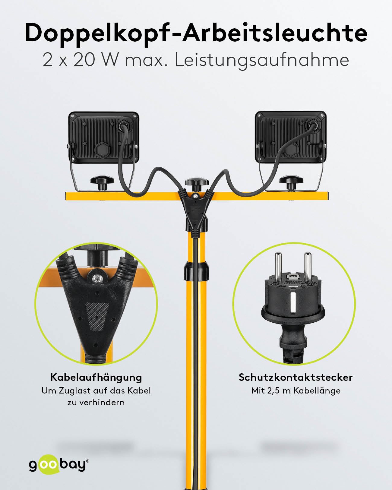 Goobay 57845 LED Baustrahler auf Teleskopstativ 2 x 20W / 3400lm / Neutral-Weiß Licht – 4000K / Für Innen- & Außenbereich – IP65 / Schwarz/Gelb