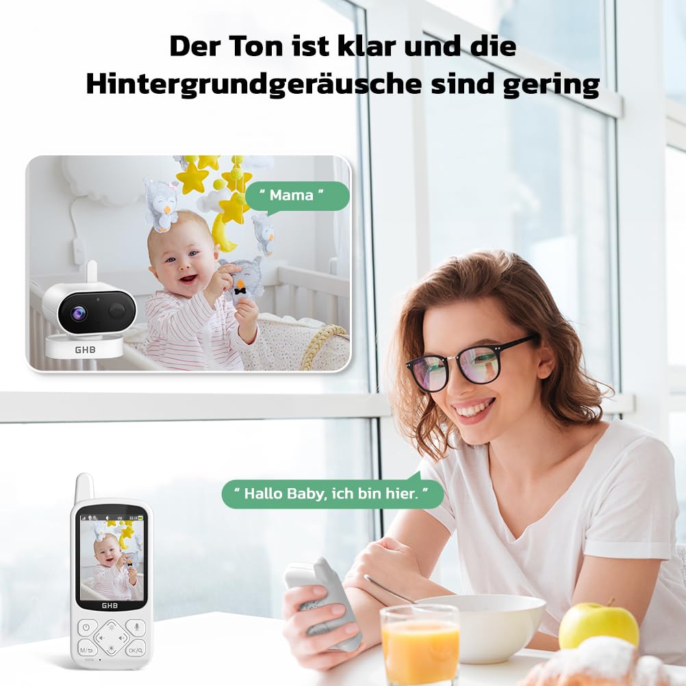 GHB Babyphone mit Kamera Baby Monitor 720P HD Zoom 2000mAh Akku 8 Schlafliedermit VOX Modus Nachtsicht