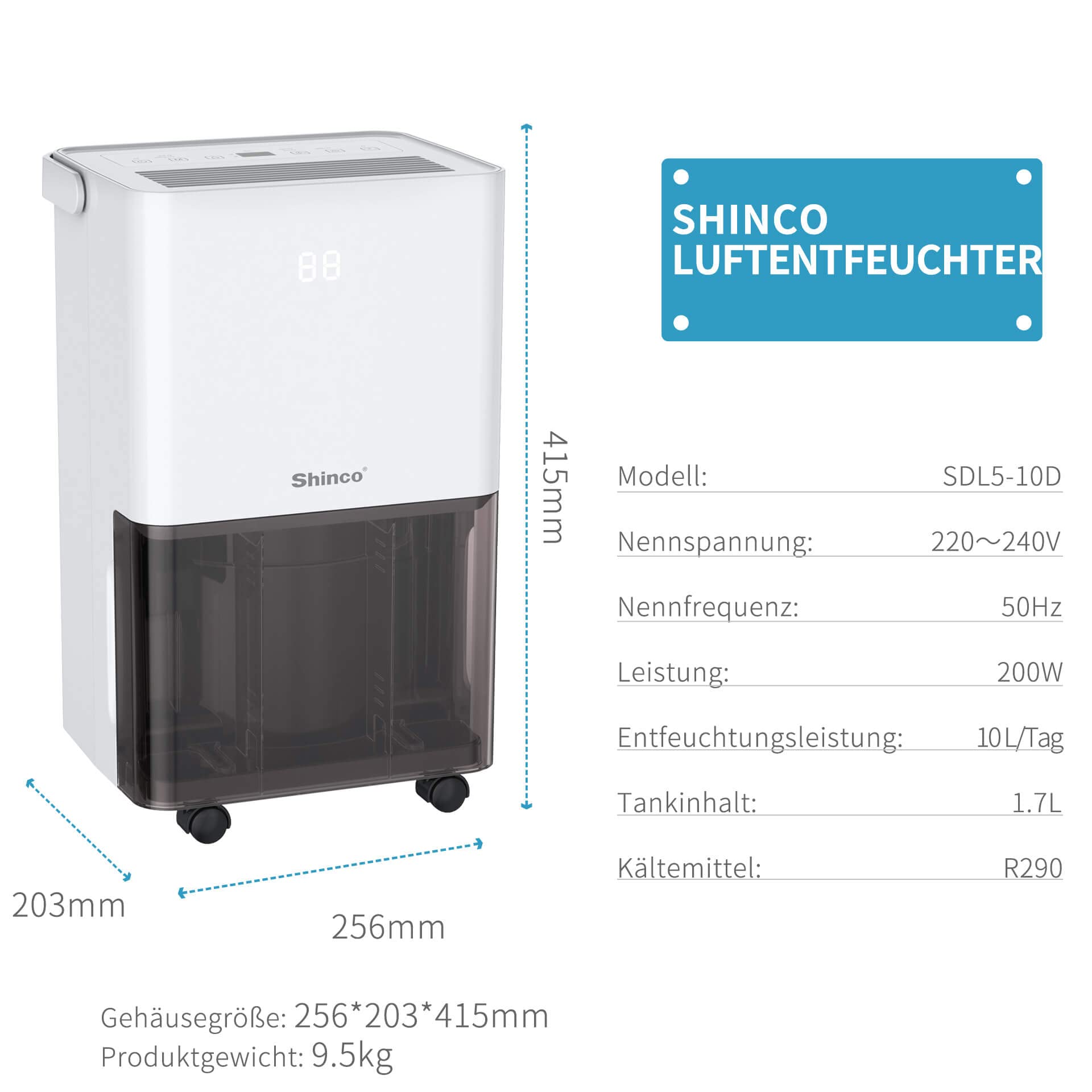 SHINCO Luftentfeuchter Elektrisch 10L,Raumentfeuchter mit Feuchtigkeitssensor,Energieeinsparung,Entfeuchter mit Aktivkohlefilter,Wäsche trocknen,Automatischer Neustart,Ablaufschlauch,45m³/15m²