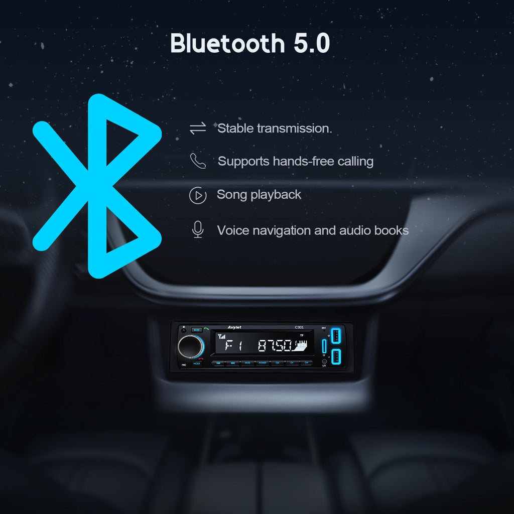Avylet 7 LED-Farben, Auto-Stereo-Freisprecheinrichtung, Bluetooth 5.0, Autoradio, Stereo und Uhr, 4 x 60 W, FM-Radio, USB/AUX-In, MP3/WMA/WAV/SD, MP3-Player, kabellose Fernbedienung