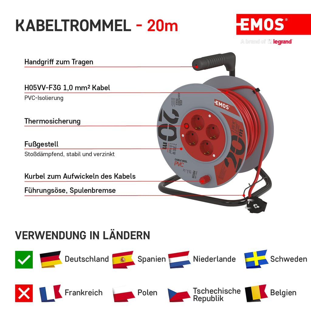 EMOS - Kabeltrommel 20m - 4 Schuko-Steckdosen - 230 V, 10 A, 2300 W - hochwertige PVC-Isolierung - H05VV-F3G 1,0 mm2 - Überhitzungsschutz, Spulenbremse - IP20 für Innen