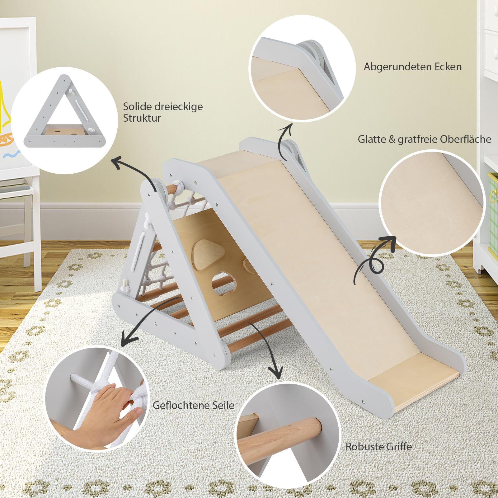COSTWAY 4 in 1 Kletterdreieck mit Rutsche, Klettergerüst aus Holz, Sprossendreieck zum Rutschen und Klettern, für Kinder ab 1 Jahre (Grau)