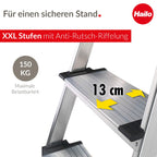 Hailo L80 ComfortLine Alu Sicherheits-Stehleiter - klappbare Leiter mit 3 XXL Stufen und Ablageschale - Arbeitshöhe bis 263 cm - Gewicht 3,6 kg - Silber