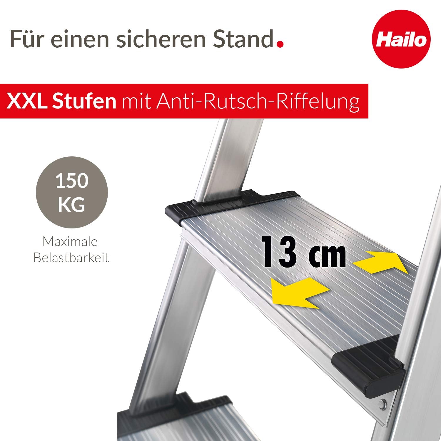 Hailo L80 ComfortLine Alu Sicherheits-Stehleiter - klappbare Leiter mit 3 XXL Stufen und Ablageschale - Arbeitshöhe bis 263 cm - Gewicht 3,6 kg - Silber