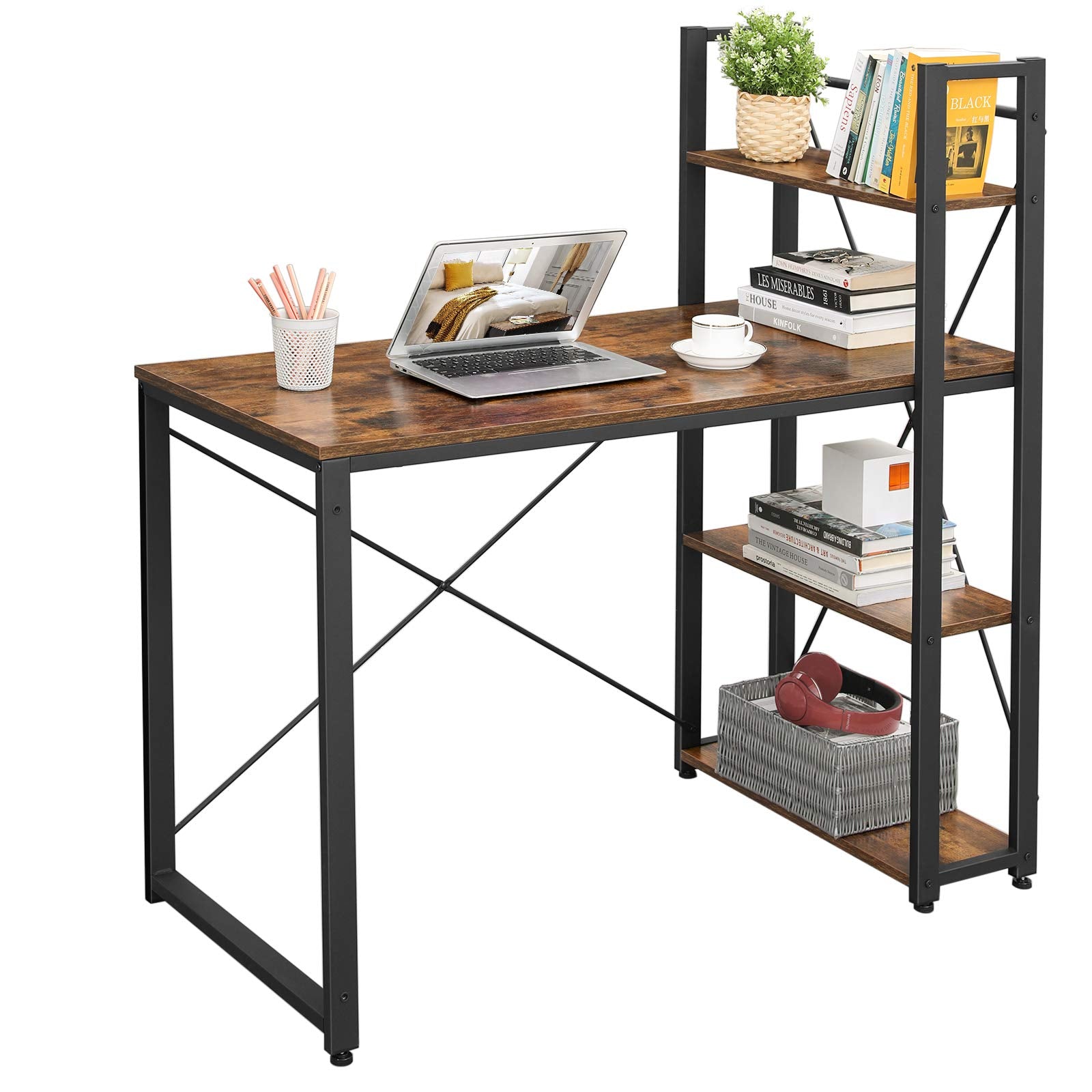 VASAGLE Schreibtisch, Computertisch mit Regalböden rechts oder Links, 120 cm breiter Bürotisch, für Arbeitszimmer, Homeoffice, einfacher Aufbau, vintagebraun-schwarz LWD48X