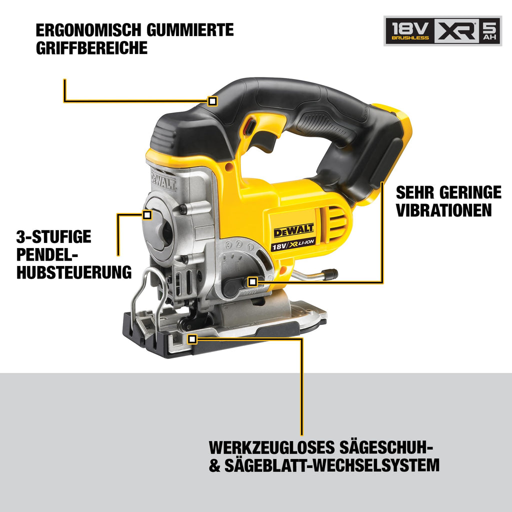 Dewalt 18 Volt Akku-Stichsäge DCS331N (vibrationsarmer Hochleistungsmotor, elektronische Hubzahlregulierung, Hublänge: 26 mm, beidseitige Neigungseinstellung: 45°, Lieferung ohne Akku und Ladegrät)