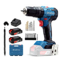 DongCheng Akku-Schlagbohrschrauber-Set 18V 50Nm, bürstenlose Schlagbohrmaschine (2x2,0 Ah), 20+1+1 Drehmomentstufen Akkubohrer, 2 Gang, 13mm Bohrfutter, inkl. Ladegerät, 19-tlg. Zubehör-Set