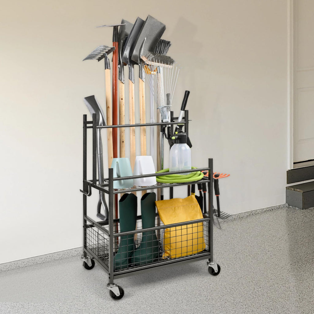 VEVOR Gartengeräte Ständer 652 x 403 x 990 mm Gerätehalter Organizer Kohlenstoffstahl Mehrzweck Gartengeräteaufbewahrungsregal 16 Schlitzen 18 Haken Gartenwerkzeug Halter Besenhalter