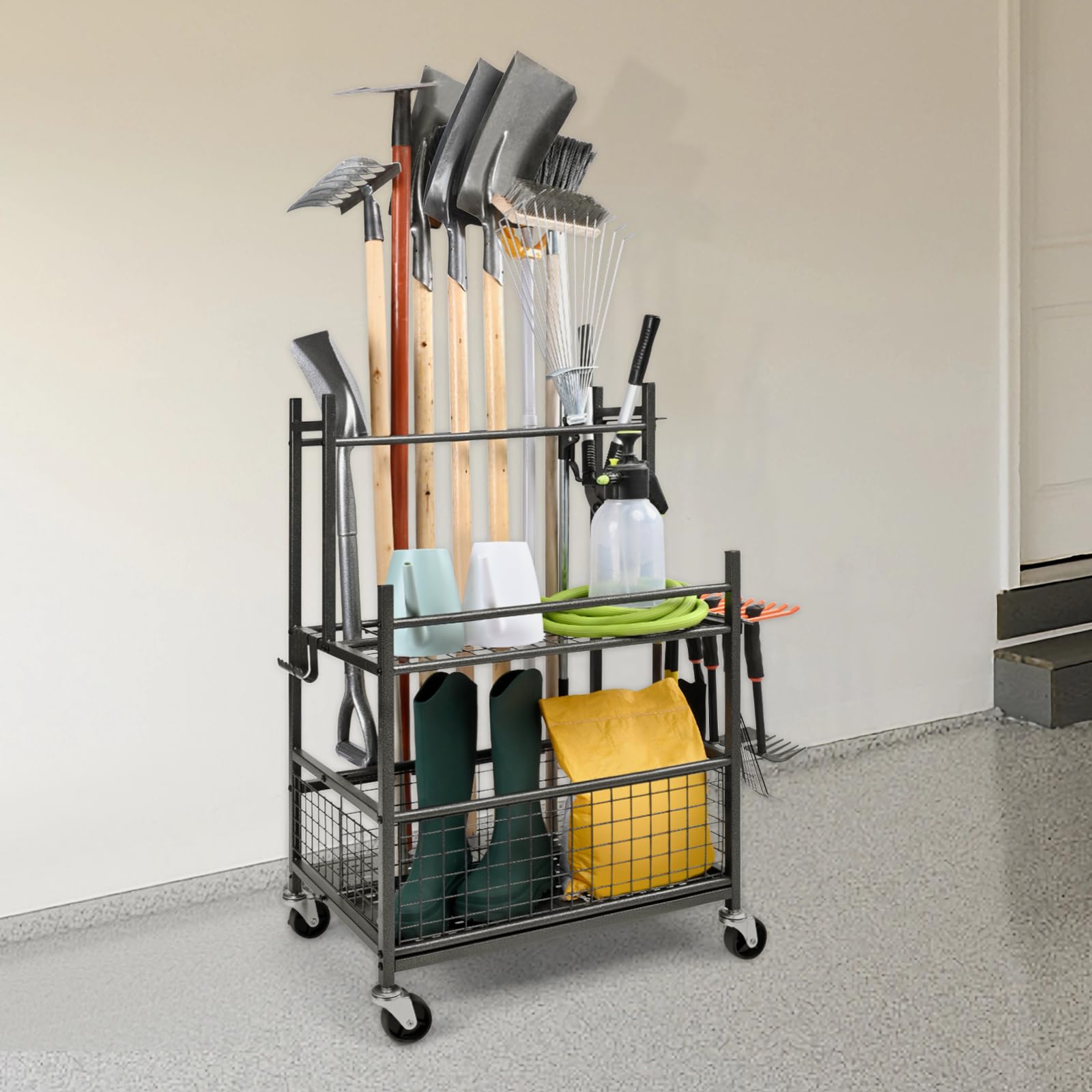 VEVOR Gartengeräte Ständer 652 x 403 x 990 mm Gerätehalter Organizer Kohlenstoffstahl Mehrzweck Gartengeräteaufbewahrungsregal 16 Schlitzen 18 Haken Gartenwerkzeug Halter Besenhalter