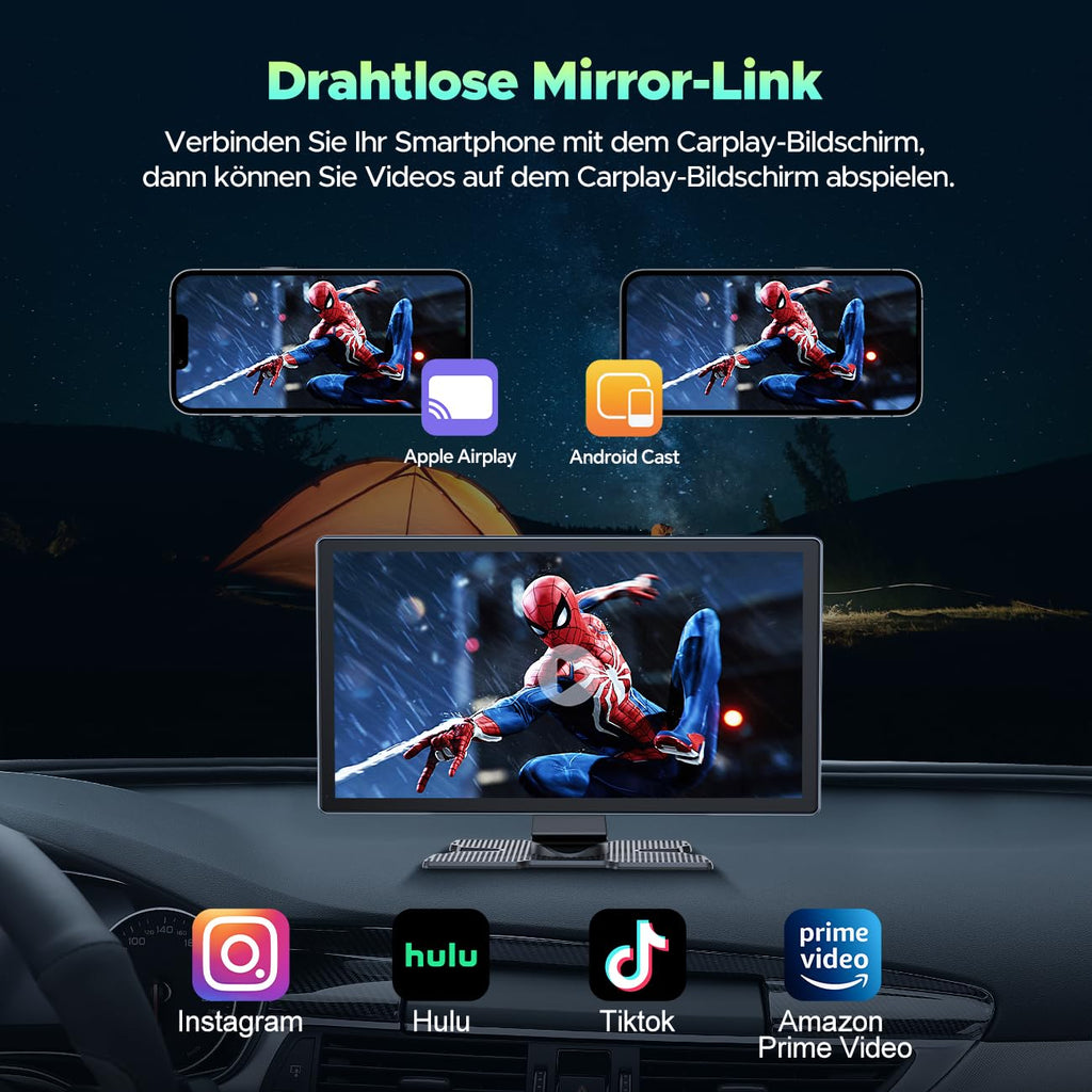 Volam Autoradio mit Wireless A-pple Carplay & Android Auto,9 Zoll IPS Touchscreen Tragbares Carplay Bildschirm mit Bluetooth 5.0,Digital Receiver mit Siri/Goog-le/Mirror Link/G-oogle/Siri/FM/AUX