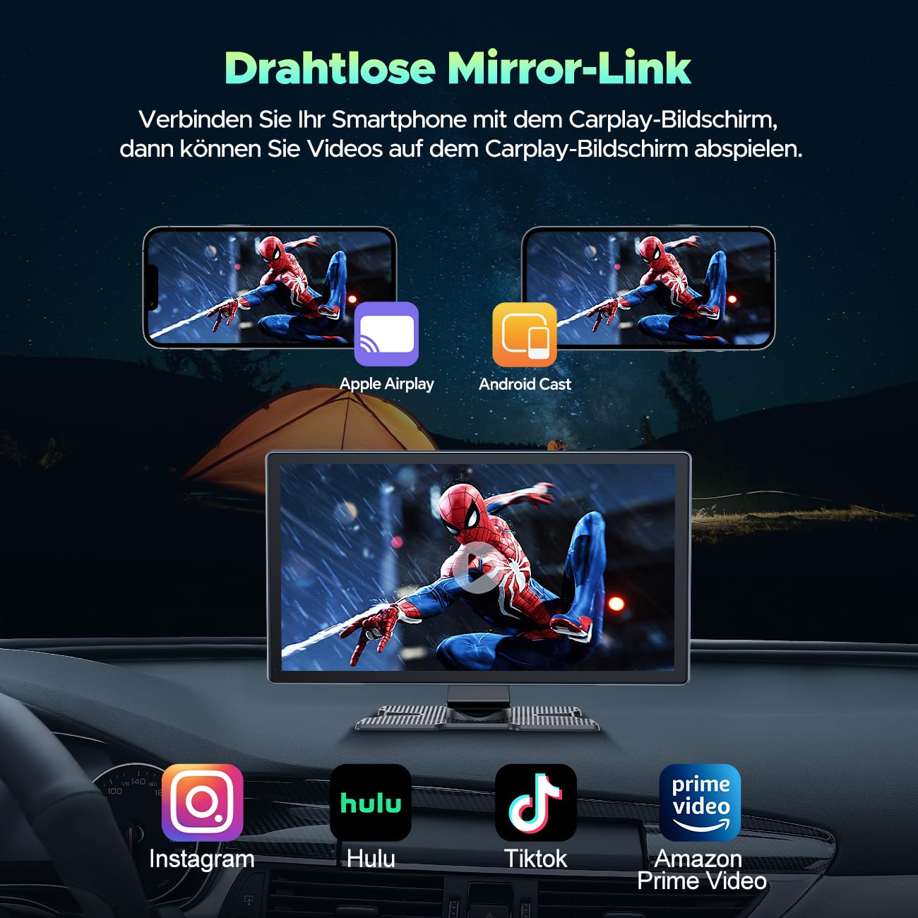 Volam Autoradio mit Wireless A-pple Carplay & Android Auto,9 Zoll IPS Touchscreen Tragbares Carplay Bildschirm mit Bluetooth 5.0,Digital Receiver mit Siri/Goog-le/Mirror Link/G-oogle/Siri/FM/AUX