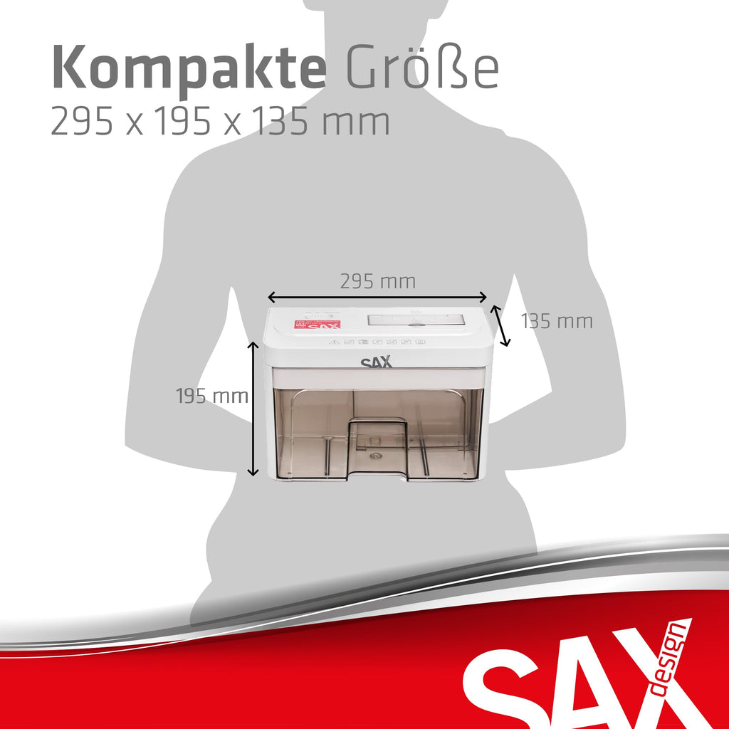 Sax Aktenvernichter Bruno – Partikelschnitt 3x18mm, Schreddert Papier, CDs & Karten, 220mm Zuführungsöffnung, 2 Blatt A4 Kapazität, 3,5L Behälter, Leise bis 70dB, Ideal für Büro & Home-Office