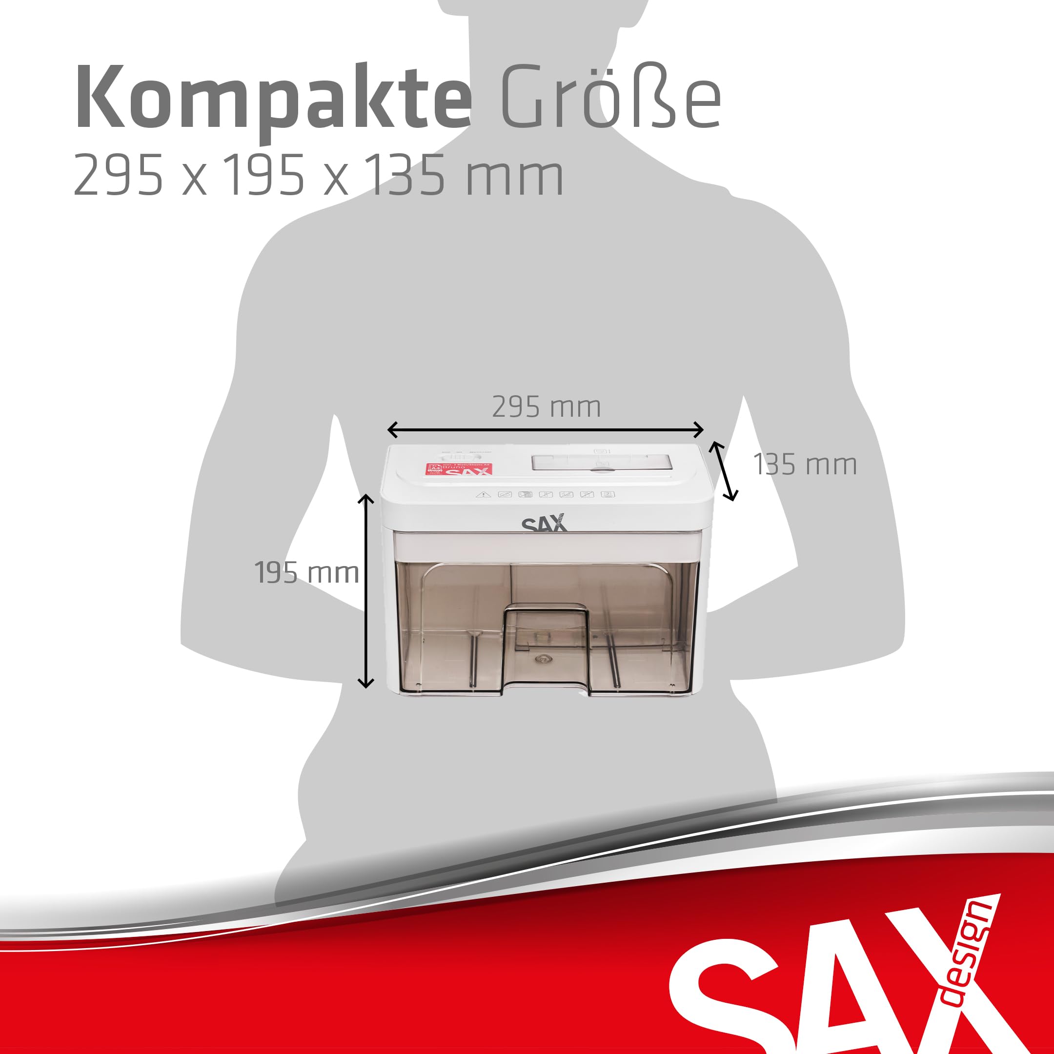 Sax Aktenvernichter Bruno – Partikelschnitt 3x18mm, Schreddert Papier, CDs & Karten, 220mm Zuführungsöffnung, 2 Blatt A4 Kapazität, 3,5L Behälter, Leise bis 70dB, Ideal für Büro & Home-Office