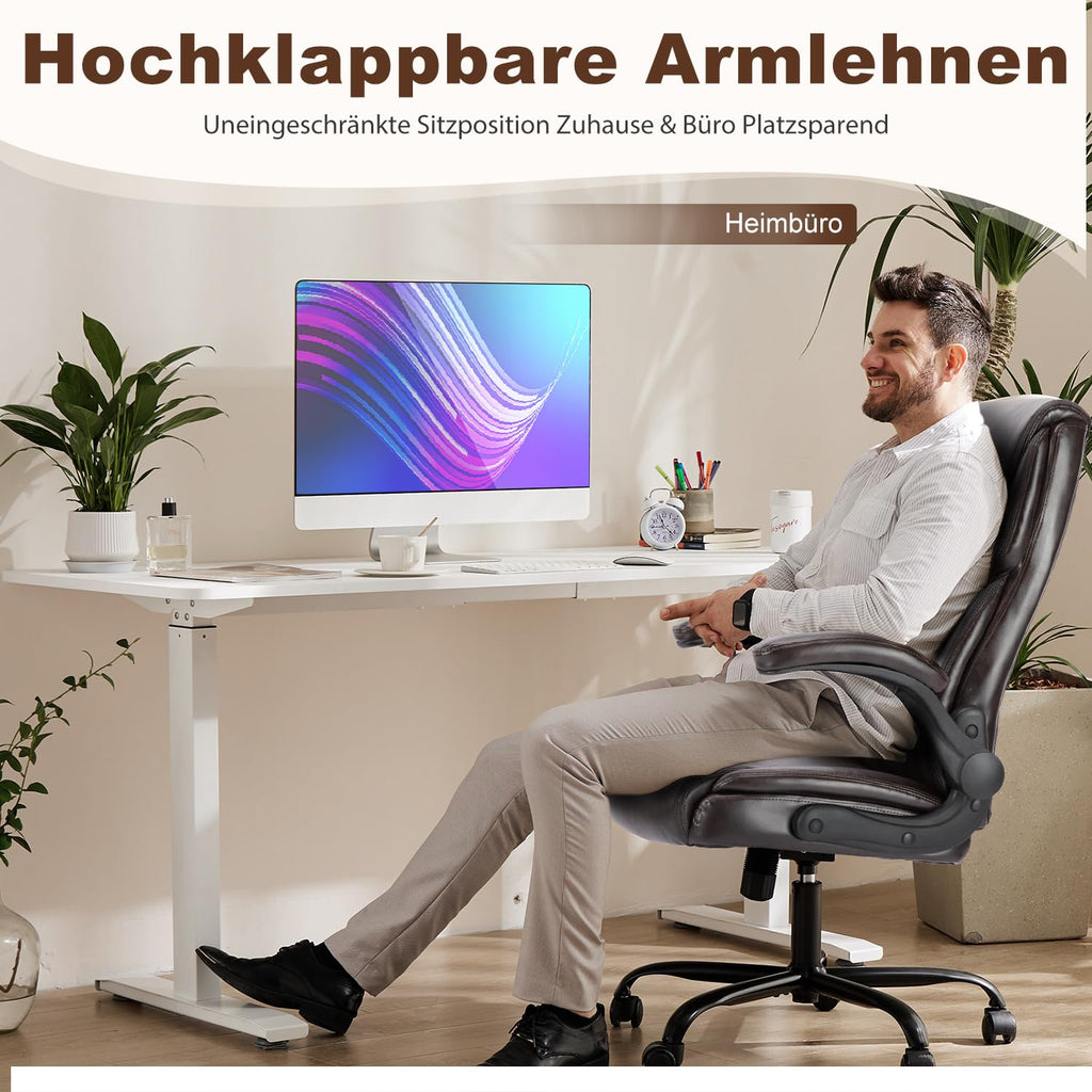 DUMOS Bürostuhl Pu-Leder Chefsessel mit Hochklappbaren Armlehnen Bürostuhle Leder mit Drehbaren Rädern Office Chair Ergonomic Geeignet für Büros Zuhause und Andere Umgebungen