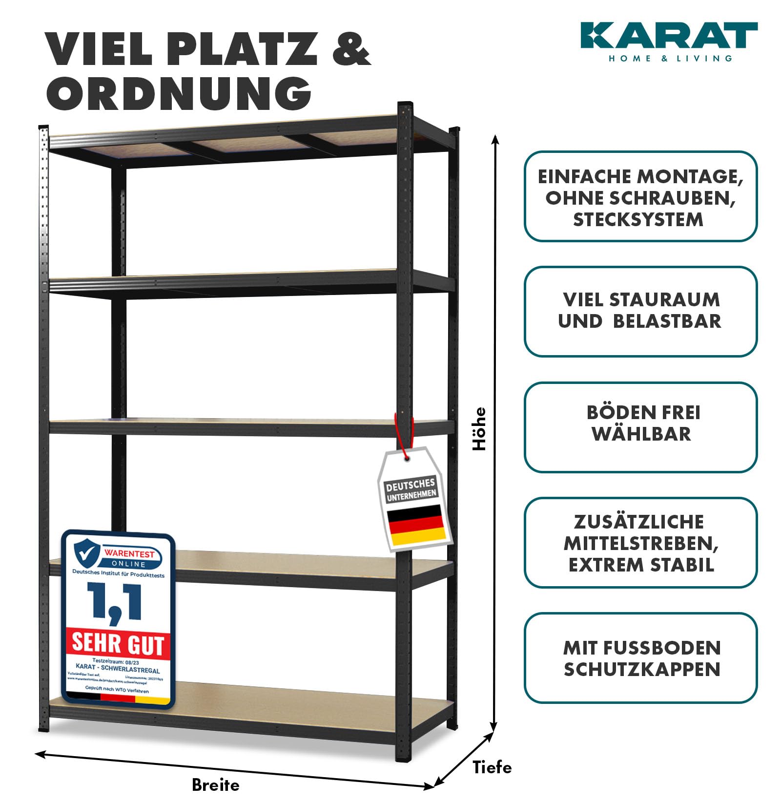 KARAT Schwerlastregal, 2er Set, 180 x 90 x 40 cm Steckregal, Kellerregal, Lagerregal - 5 verstellbare Böden (Schwarz)