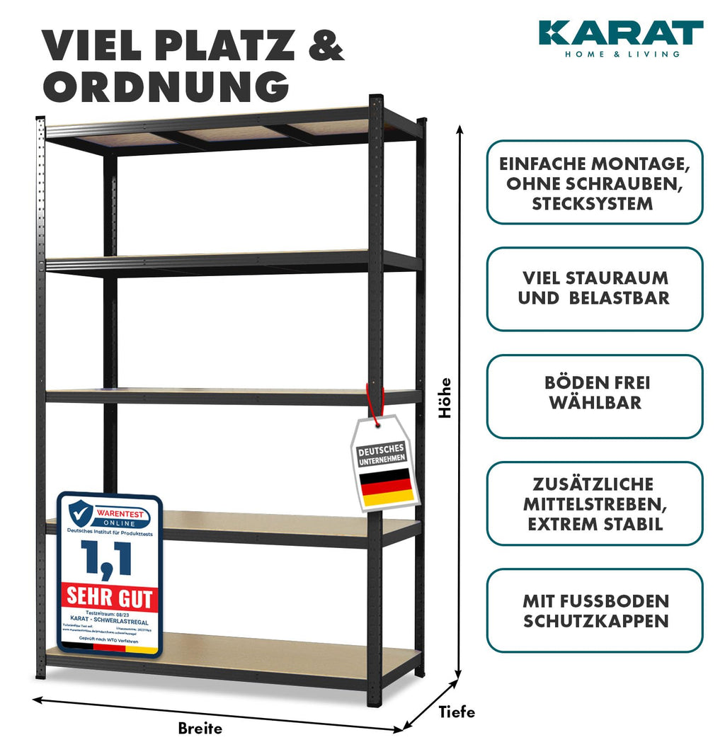 KARAT Schwerlastregal, 2er Set, 30 x 75 x 150 cm Steckregal, Kellerregal, Lagerregal - 5 verstellbare Böden (Schwarz)