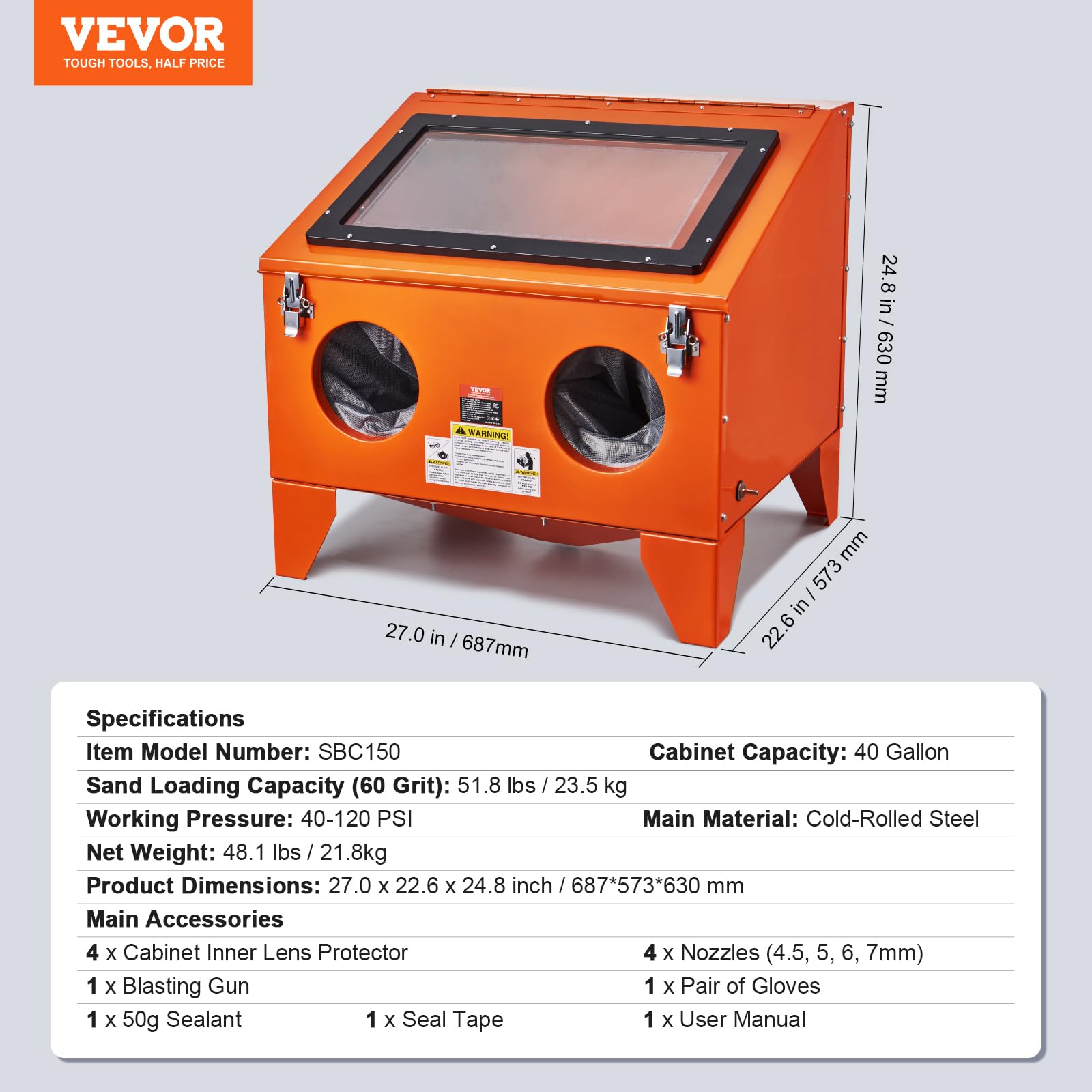 VEVOR 40-Gallonen-Sandstrahlkabine, 40–120 PSI tragbare Tisch-Sandstrahlkabine, robuster Sandstrahler aus Stahl mit Strahlpistole und 4 Keramikdüsen für die Entfernung von Farbe, Flecken und Rost