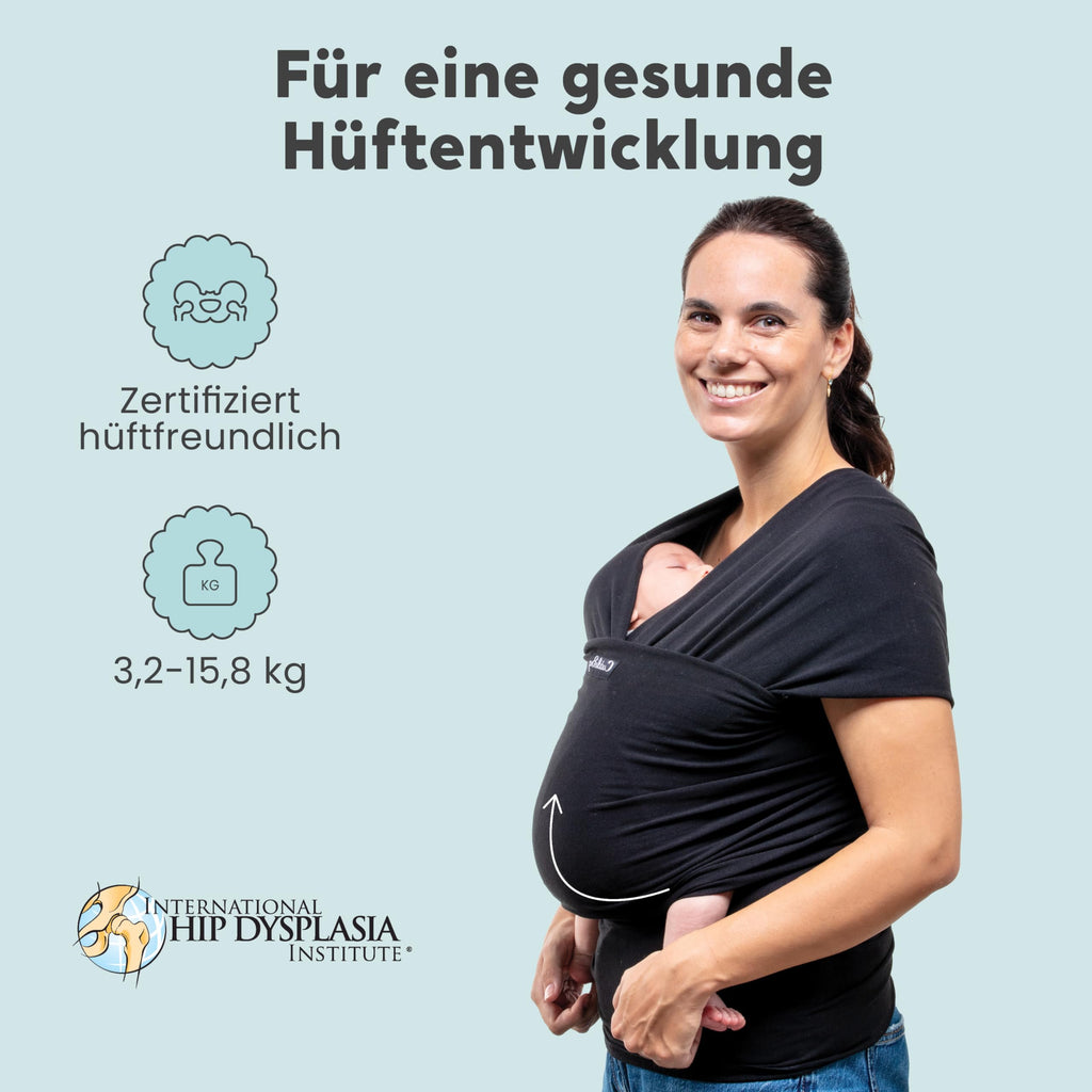 CuddleBug Babytragetuch ab Geburt bis 36 Monate (3,2-15,8 kg) - Kuscheliges & Elastisches Tragetuch Baby, Verstellbar von XS bis XXL, Stillfreundlich & Einfach zu Binden (Schwarz/Black)