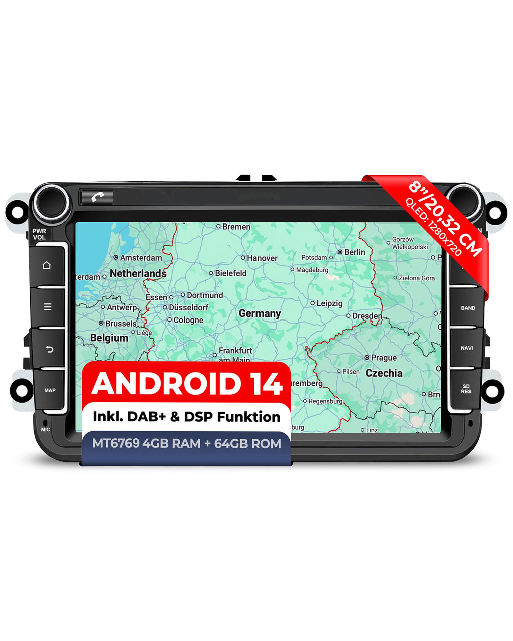 M.I.C. AV8V7-L3 Android 14 Autoradio mit navi: MediaTek MT6769V 4G+64G;8" QLED Display;4G SIM,Carplay,Android Auto,DAB+,Bluetooth 5,WiFi,GPS: Ersatz für VW Golf T5 Touran Passat RNS RCD,Skoda,SEAT