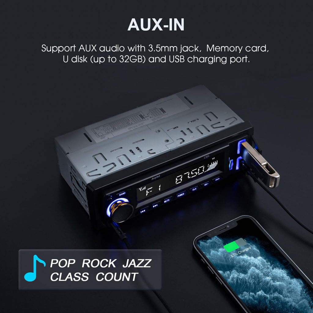 Avylet 7 LED-Farben, Auto-Stereo-Freisprecheinrichtung, Bluetooth 5.0, Autoradio, Stereo und Uhr, 4 x 60 W, FM-Radio, USB/AUX-In, MP3/WMA/WAV/SD, MP3-Player, kabellose Fernbedienung
