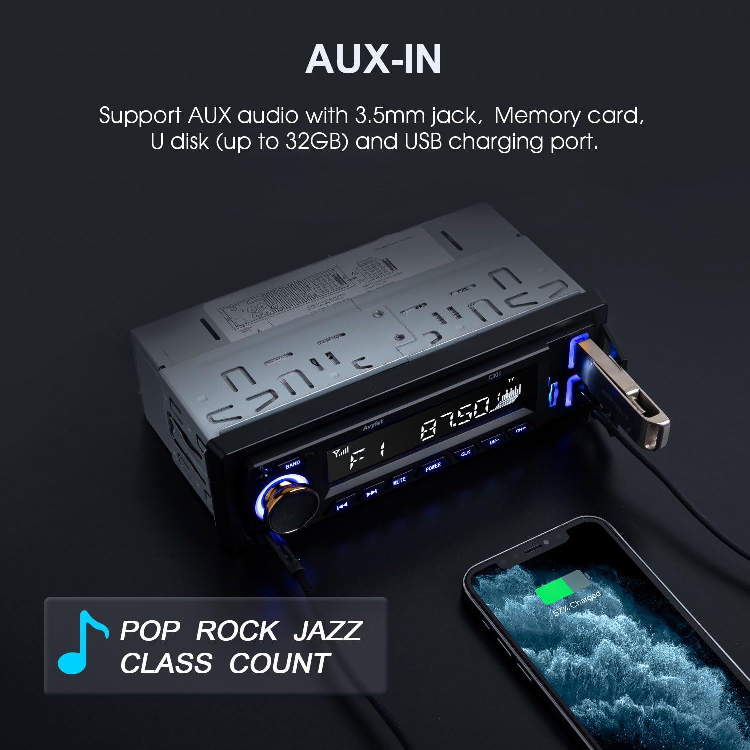 Avylet 7 LED-Farben, Auto-Stereo-Freisprecheinrichtung, Bluetooth 5.0, Autoradio, Stereo und Uhr, 4 x 60 W, FM-Radio, USB/AUX-In, MP3/WMA/WAV/SD, MP3-Player, kabellose Fernbedienung