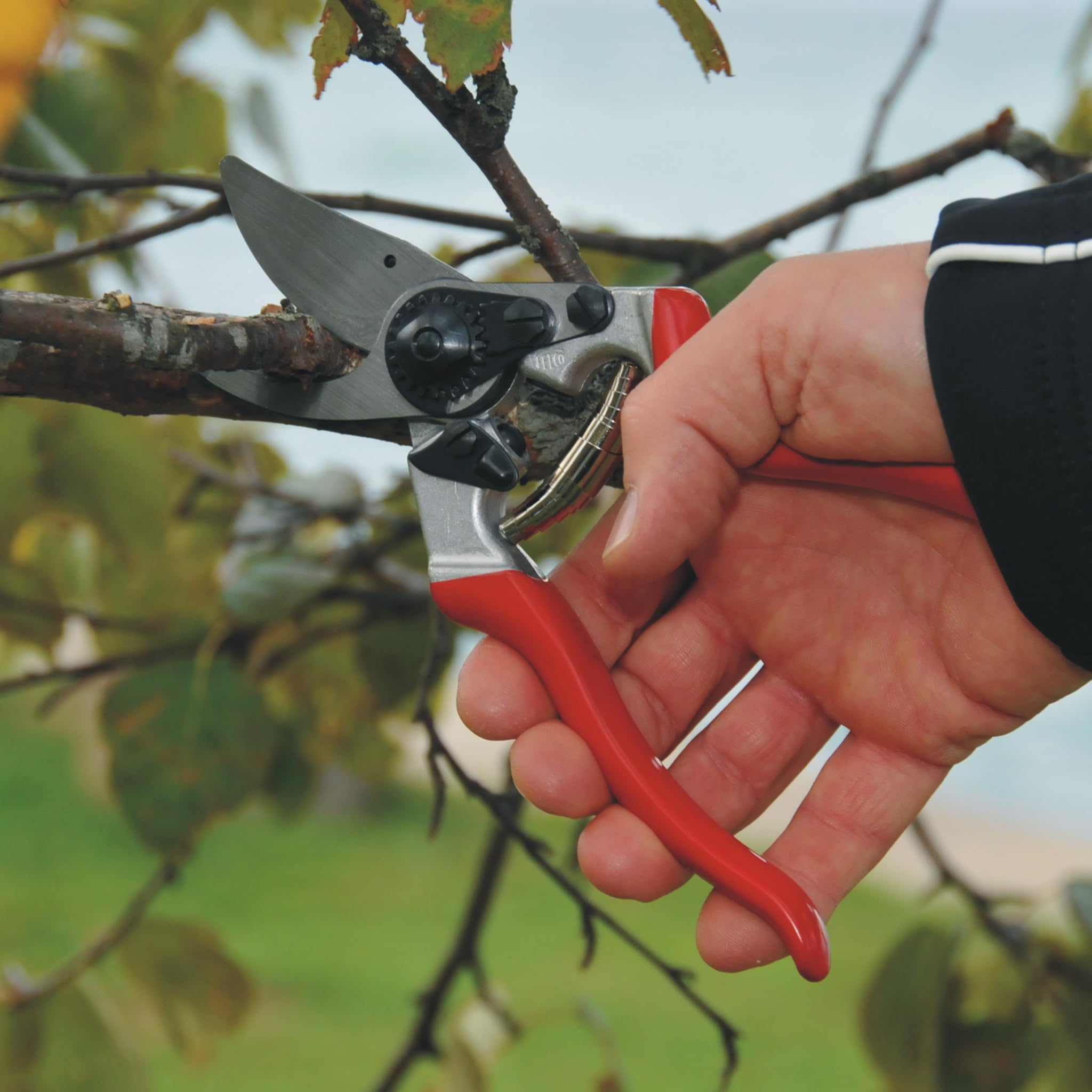 FELCO 8 Bypass-Gartenschere für Rechtshänder, ergonomisch für große Hände, 52 mm Stahlklinge, 25 mm Schnittdurchmesser, Stoßdämpfer, geschmiedete Aluminiumgriffe, abgewinkelter Schneidkopf, Swiss Made
