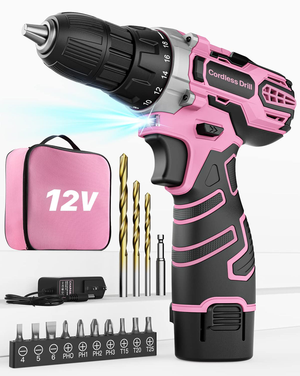 Akkuschrauber 12V Pink Rosa, Akkubohrer Klein, Akku Bohrschrauber Set mit 15 Zubehör und Tasche, 18+1 Drehmomentstufen, 10mm Bohrfutter, 2-Gang, LED-Licht, Leicht Akku Schrauber für Reparatur & DIY