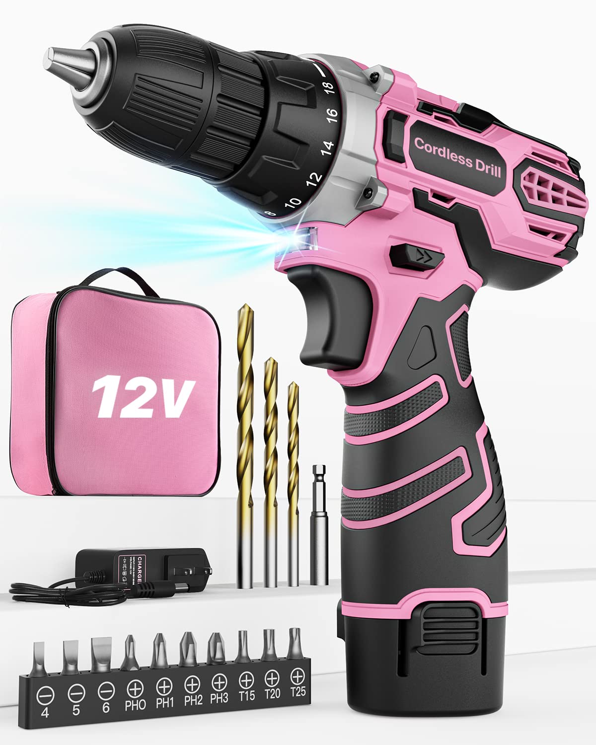 Akkuschrauber 12V Pink Rosa, Akkubohrer Klein, Akku Bohrschrauber Set mit 15 Zubehör und Tasche, 18+1 Drehmomentstufen, 10mm Bohrfutter, 2-Gang, LED-Licht, Leicht Akku Schrauber für Reparatur & DIY