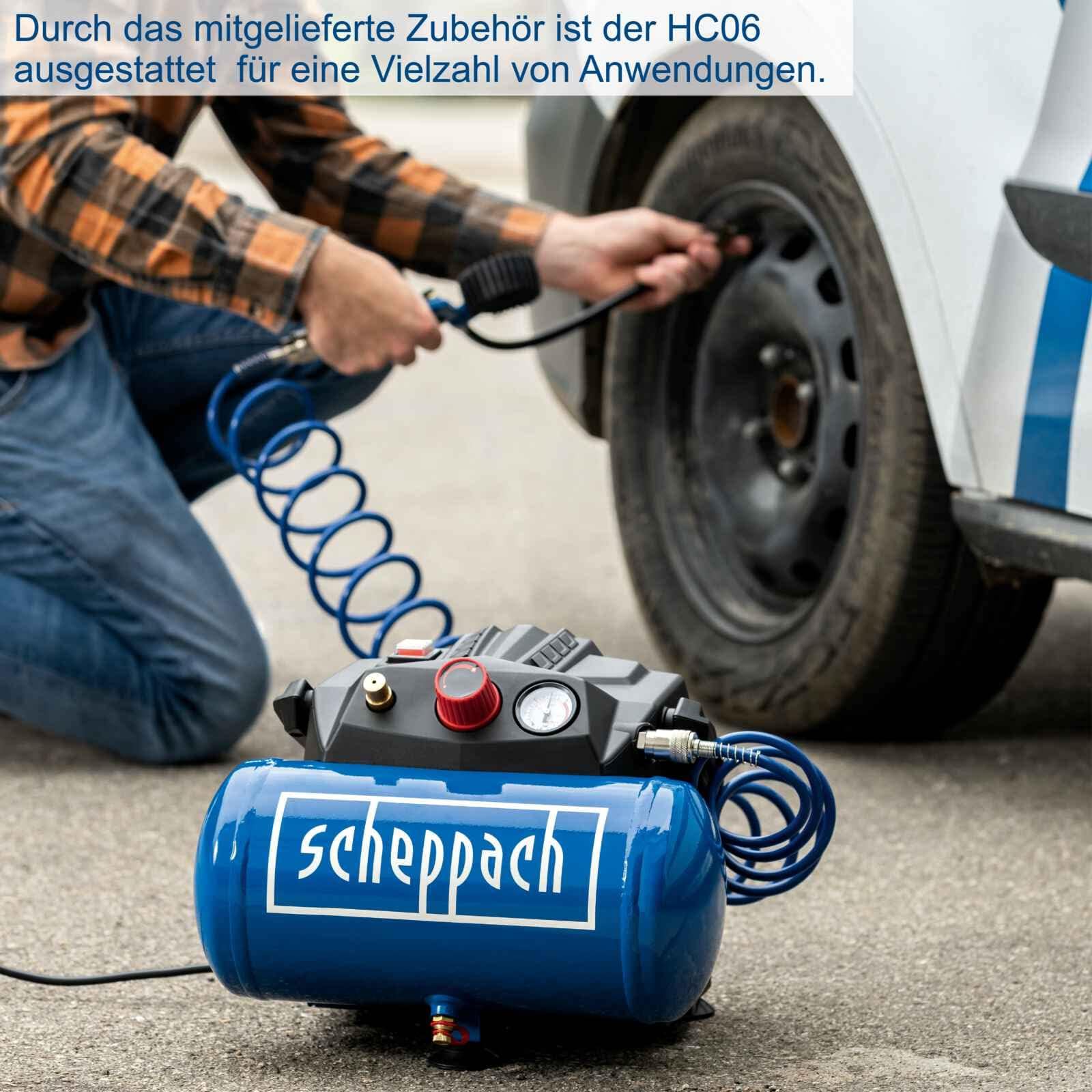 Scheppach Druckluft Kompressor HC06 ölfrei | 6L Kessel | 8 bar Arbeitsdruck | 1200 Watt Leistung | Ansaugleistung 192 L/min | mobil & kompakt Luftkompressor | inkl. 6-tlg. Zubehörset
