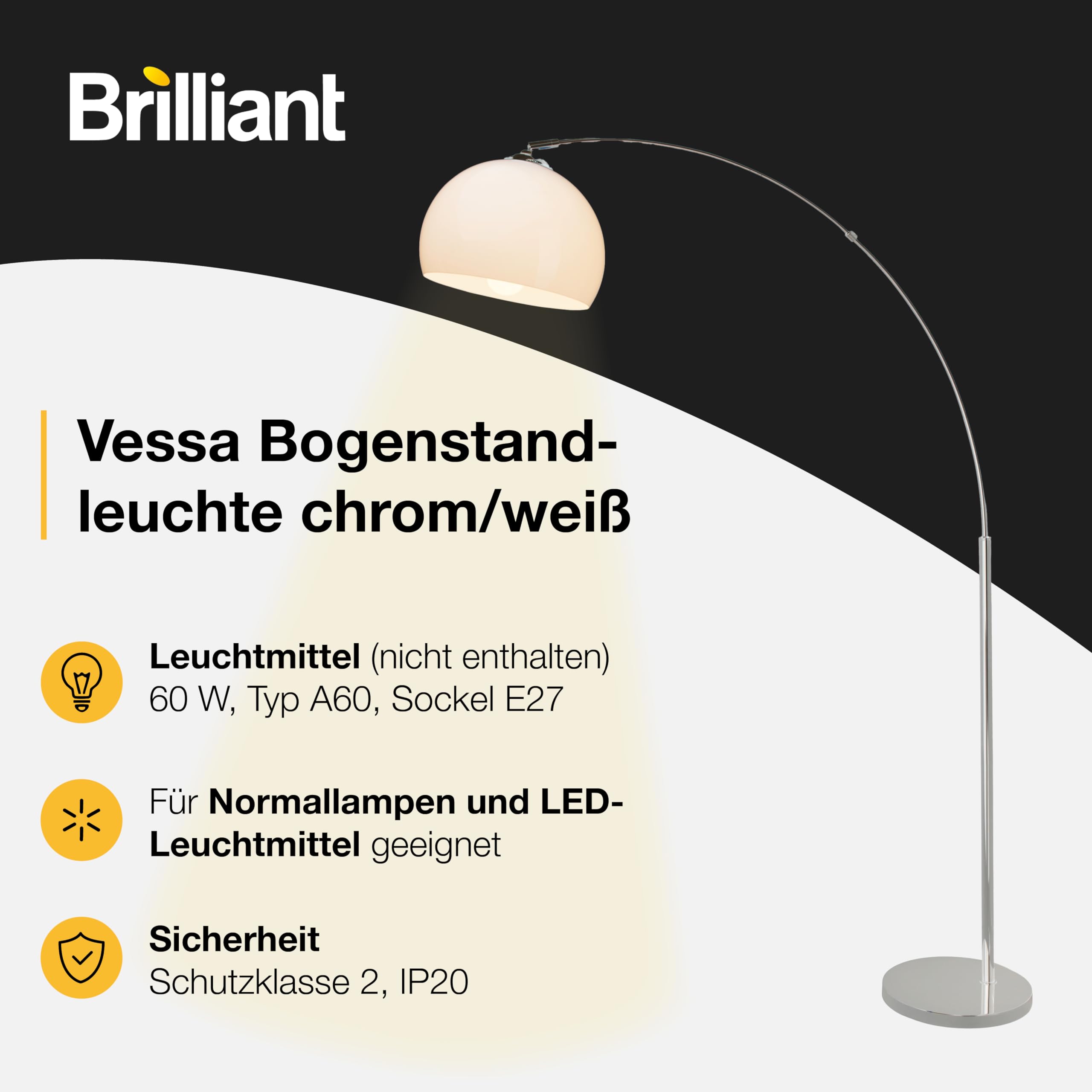 Brilliant Lampe Vessa Bogenstandleuchte 1, 7m chrom/weiß