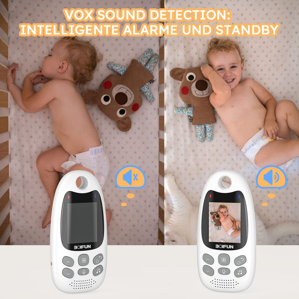 BOIFUN Babyphone mit Kamera 2 Zoll Tragbares Vox-Funktion Temperatursensor Nachtsicht-Video-Babyfon 2,4 Ghz, Intelligentes Standby Baby Monitor Gegensprechanlage Schlaflieder Lange Akkulaufzeit, 720p