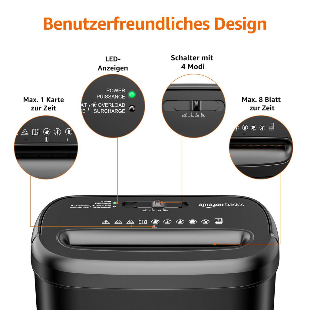 Amazon Basics Querschnitt Aktenvernichter für bis zu 8 Blättern, Papier und Kreditkarten, Aktenvernichter, bis zu 8 Blätter (neues Modell, schwarz)
