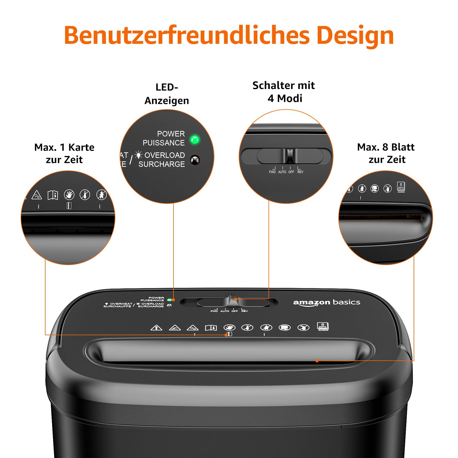 Amazon Basics Querschnitt Aktenvernichter für bis zu 8 Blättern, Papier und Kreditkarten, Aktenvernichter, bis zu 8 Blätter (neues Modell, schwarz)