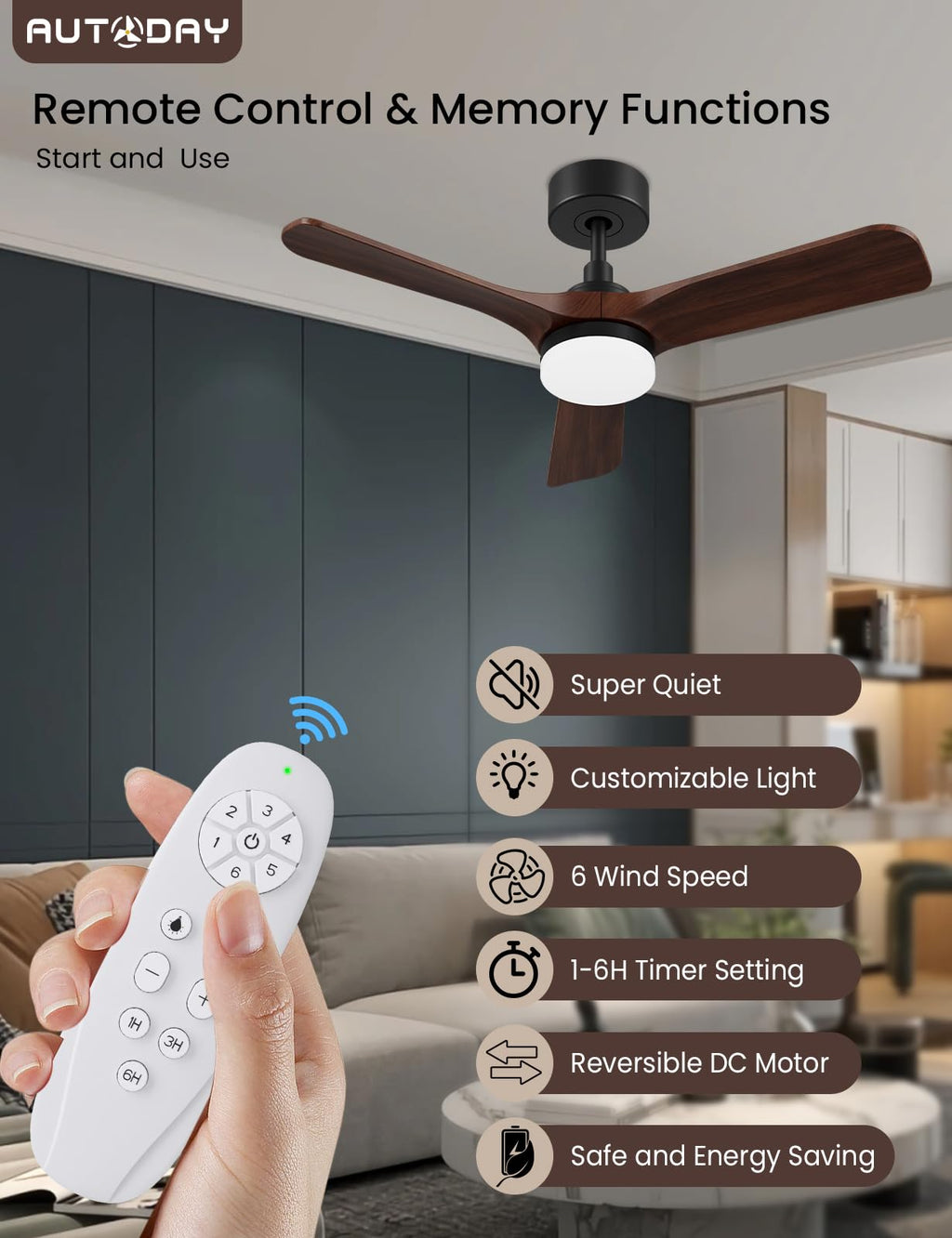 AUTODAY Holz Deckenventilator mit Beleuchtung,leiser Gleichstrommotor,90 cm deckenventilator outdoor,3 hölzern Flügel,dimmbarem LED 24W,Fernbedienung mit Memory-Funktion,6 Geschwindigkeiten,Timer