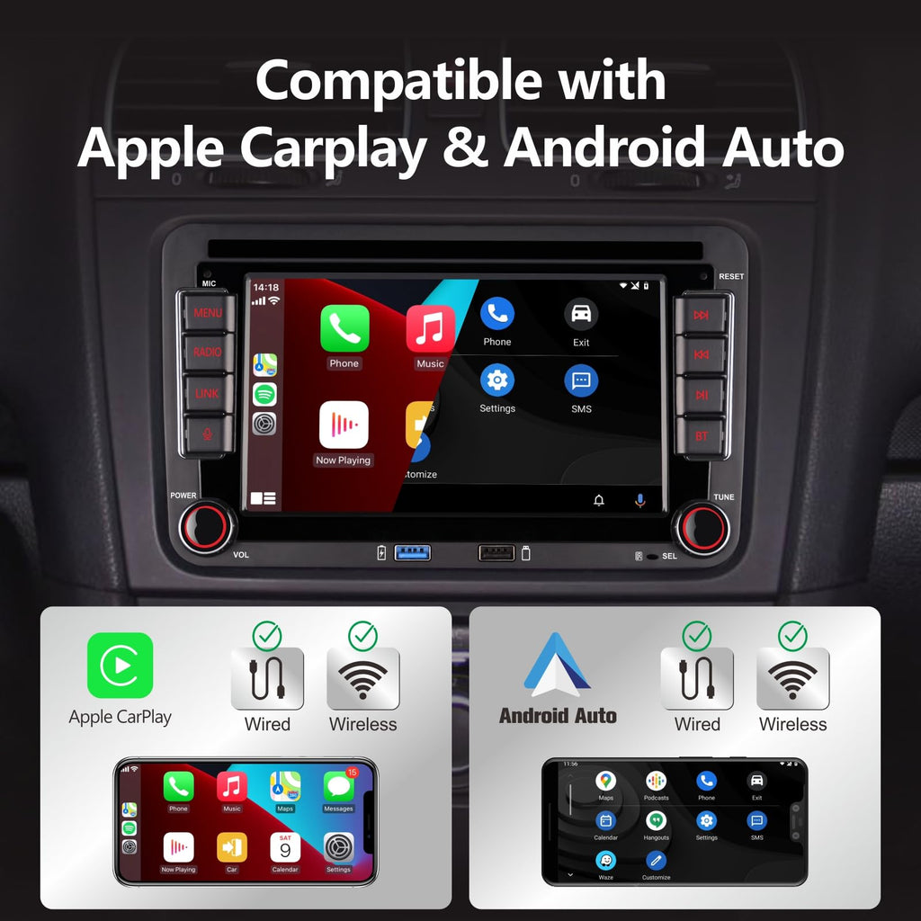 High Power Autoradio mit Wireless Carplay Android Car für VW Golf 5 6 Polo T5 Skoda Passat Jetta Caddy, 7 Zoll IPS VW Radio mit Bluetooth/FM/AM/USB/DSP/EQ Lenkradsteuerung