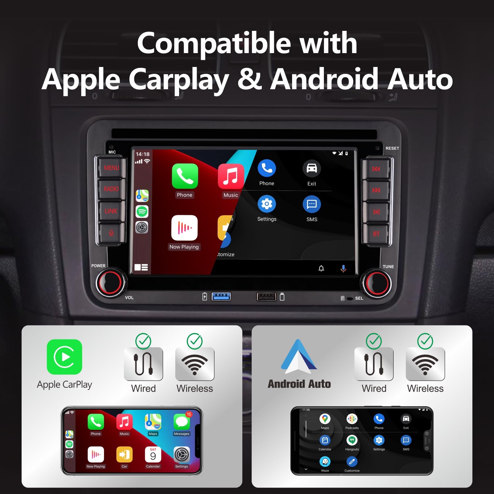 High Power Autoradio mit Wireless Carplay Android Car für VW Golf 5 6 Polo T5 Skoda Passat Jetta Caddy, 7 Zoll IPS VW Radio mit Bluetooth/FM/AM/USB/DSP/EQ Lenkradsteuerung