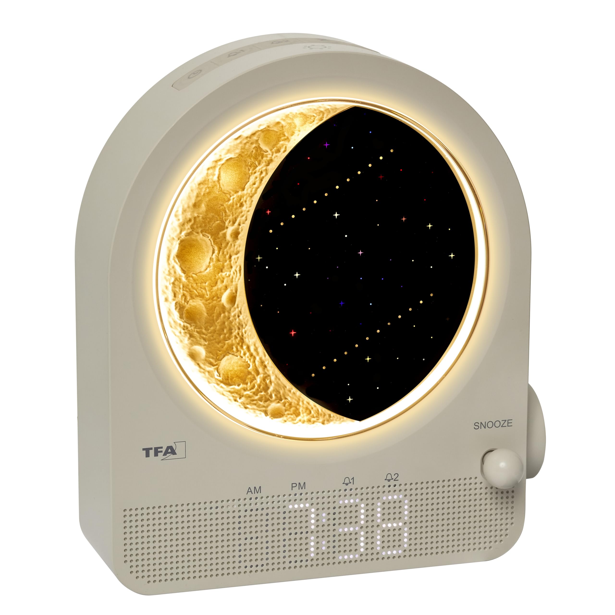 TFA Dostmann Lichtwecker Digital mit Mondlampe, Nachtlicht, Nachttischlampe, White-Noise, Naturgeräusche, Einschlafhilfe, 2 Alarme, 60.2053, Hellgrau, Beige