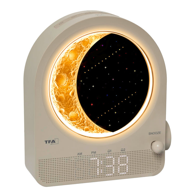 TFA Dostmann Lichtwecker Digital mit Mondlampe, Nachtlicht, Nachttischlampe, White-Noise, Naturgeräusche, Einschlafhilfe, 2 Alarme, 60.2053, Hellgrau, Beige