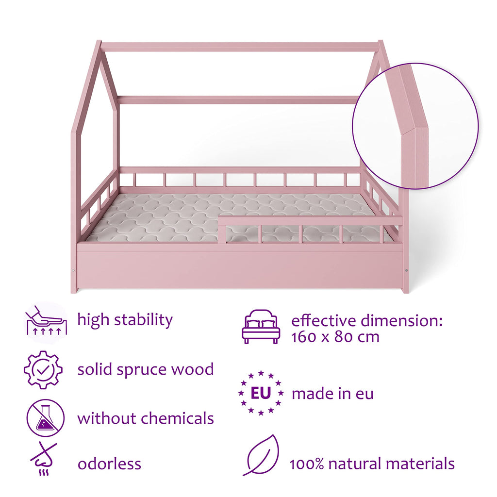 ms factory Hausbett mit Matratze Kinderbett 80x160 cm mit Rausfallschutz und Lattenrost - Einzelbett aus Kiefernholz für Mädchen und Junge - Rosa