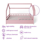 ms factory Hausbett mit Matratze Kinderbett 80x160 cm mit Rausfallschutz und Lattenrost - Einzelbett aus Kiefernholz für Mädchen und Junge - Rosa