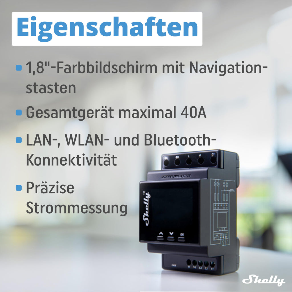 Shelly Pro 4PM | WLAN & LAN 4-Kanal-Relais Schalter mit Leistingsmessung - 40A | DIN-Schiene | Alexa & Google Home | iOS Android App | Fernsteuerung | Hausautomation | Kein Hub Erforderlich
