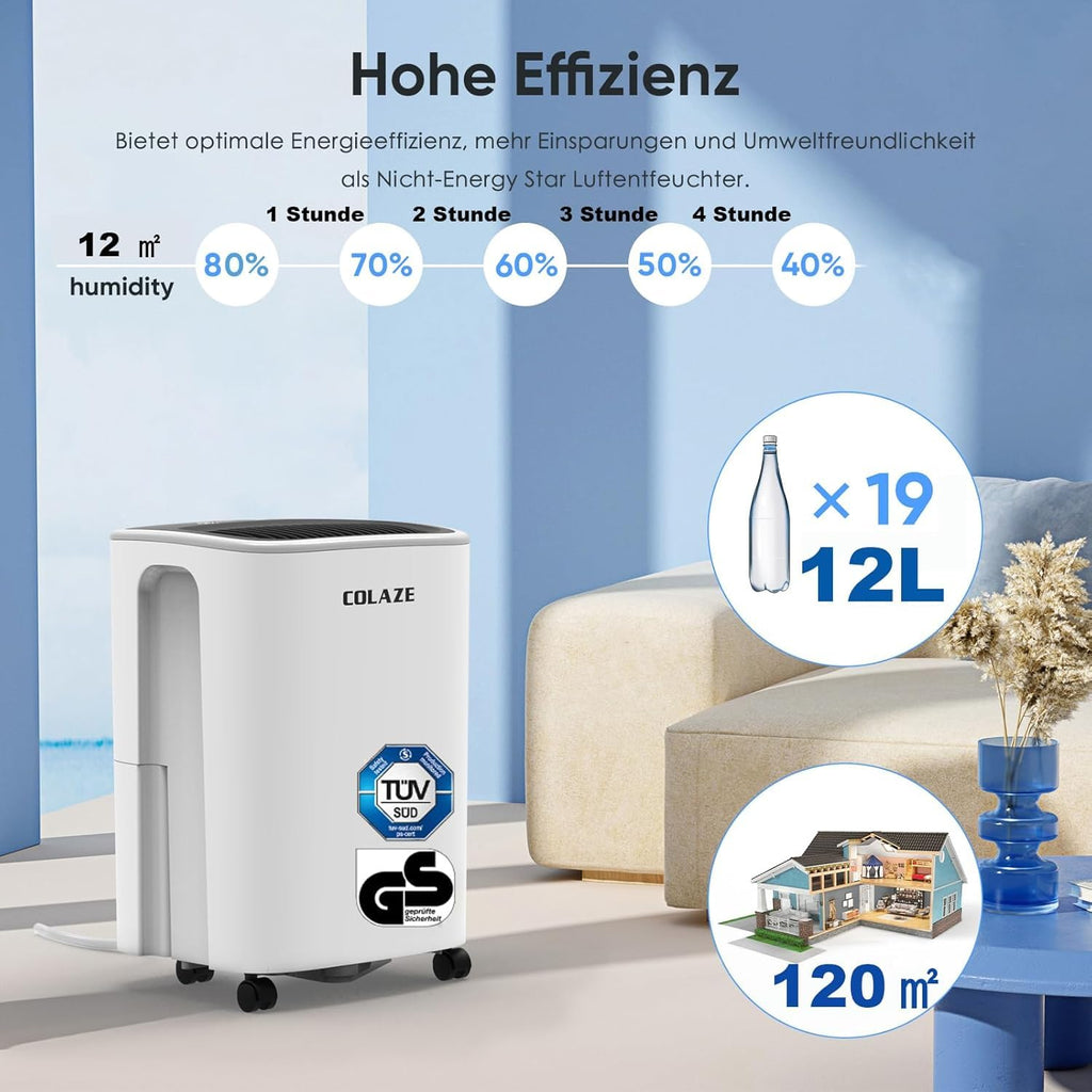 COLAZE Luftentfeuchter, 12L/24h Luftentfeuchter Elektrisch, Geeignet für Raumgrößen bis zu 120m³(30m²), Leiser Entfeuchter mit Digitalanzeige, Raumentfeuchter für Keller Schlafzimmer Bad