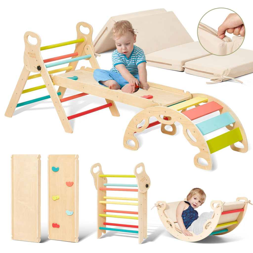 Indoor Klettergerüst ab 1 Jahr Montessori Kletterdreieck Kletterbogen mit Kissen mit Kletterbogen und Rutsche, Holzdreieck für Kleinkinder ab 1-3, Indoor Kletterspielzeug, (S-bunt- mit Polster)