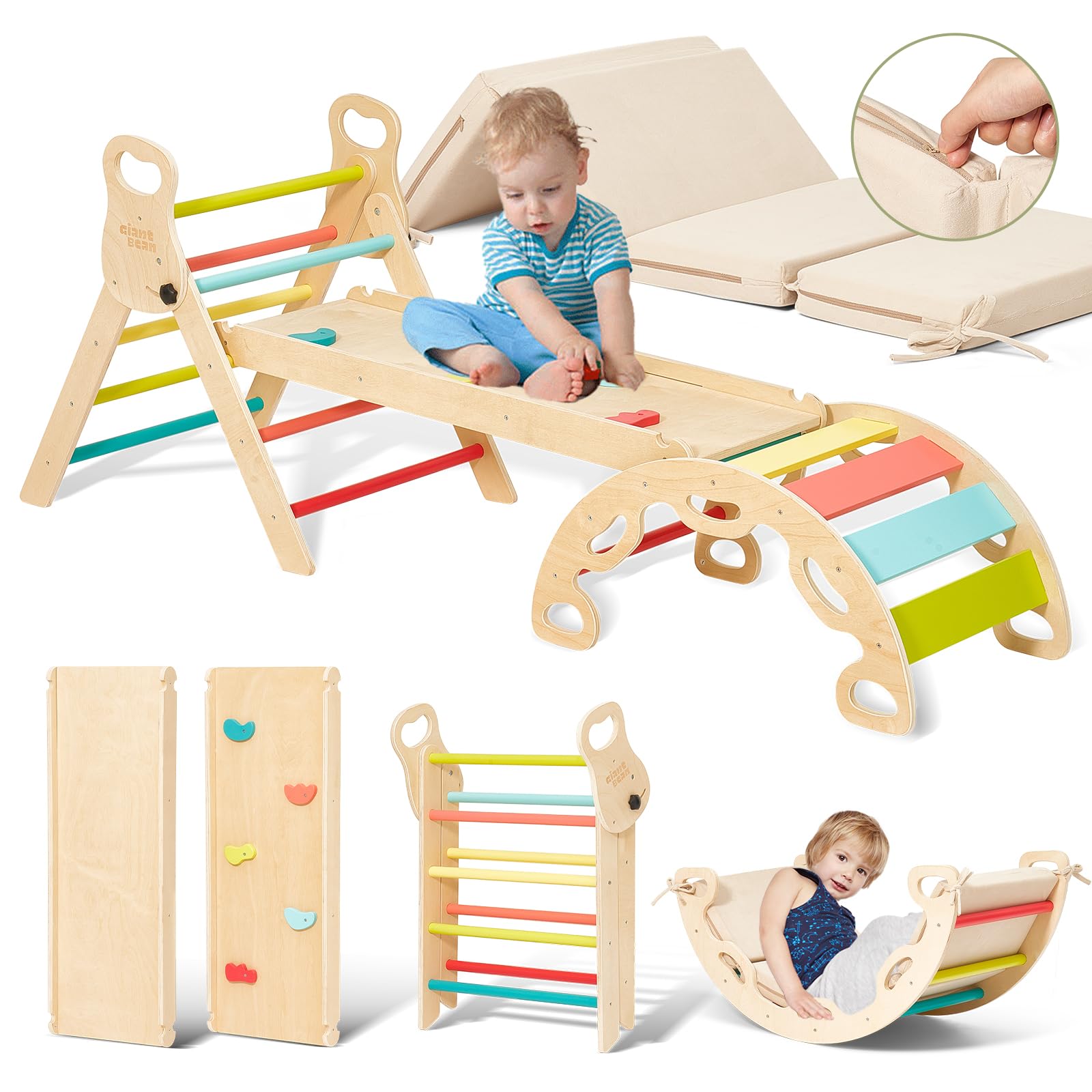 Indoor Klettergerüst ab 1 Jahr Montessori Kletterdreieck Kletterbogen mit Kissen mit Kletterbogen und Rutsche, Holzdreieck für Kleinkinder ab 1-3, Indoor Kletterspielzeug, (S-bunt- mit Polster)
