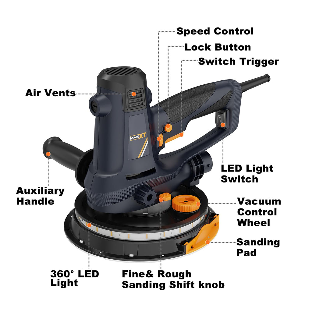 MAXXT Handschleifmaschine für Trockenbau, 810W Elektroschleifmaschine für Wände, 1500-2800RPM variable Geschwindigkeit, einstellbare Absaugung, Grob-/Feinschliff, 8 Stück Schleifscheibn