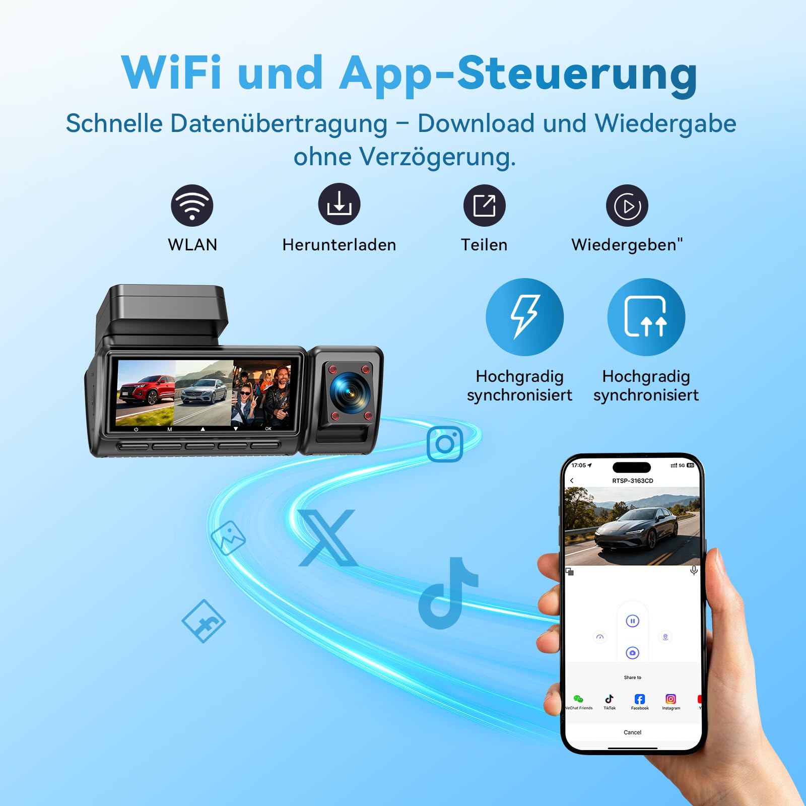 CARTSDOII Dashcam Auto,3 Kanal Vorne Hinten Innen 4K+1080P+1080P Dash Cam,490°Weitwinkel-Rundumschutz,Auto Kamera mit 64GB SD Karte,3.16",Nachtsicht,WDR,WiFi,G-Sensor,Loop-Aufnahme,24H Parküberwachung