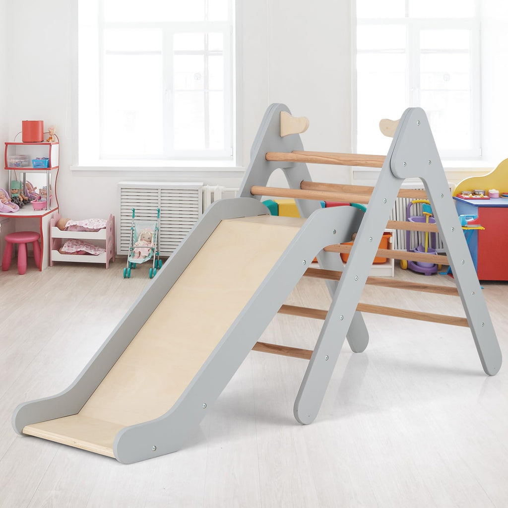 COSTWAY Kletterdreieck mit Rutsche, Klettergerüst aus Holz, Sprossendreieck zum Rutschen und Klettern, für Kinder ab 1 Jahre (Grau)