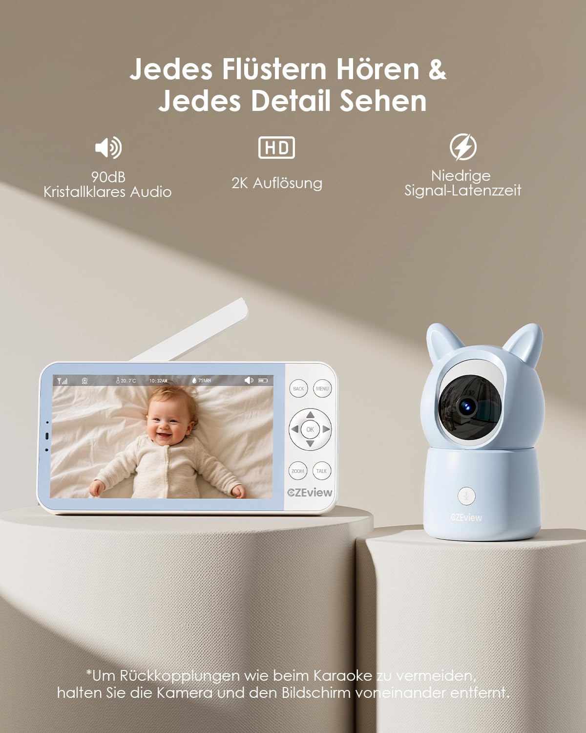 CZEview BM6 Babyphone mit Kamera 2K & 4X Zoom, 5.5" HD WLAN Video Babyfon mit App, Nachtsicht, Bewegungs&Geräusch&Temperaturerkennung, 2-Wege-Gespräch, 360° Ansicht, Musik&Buntes Nachtlicht(Blau)