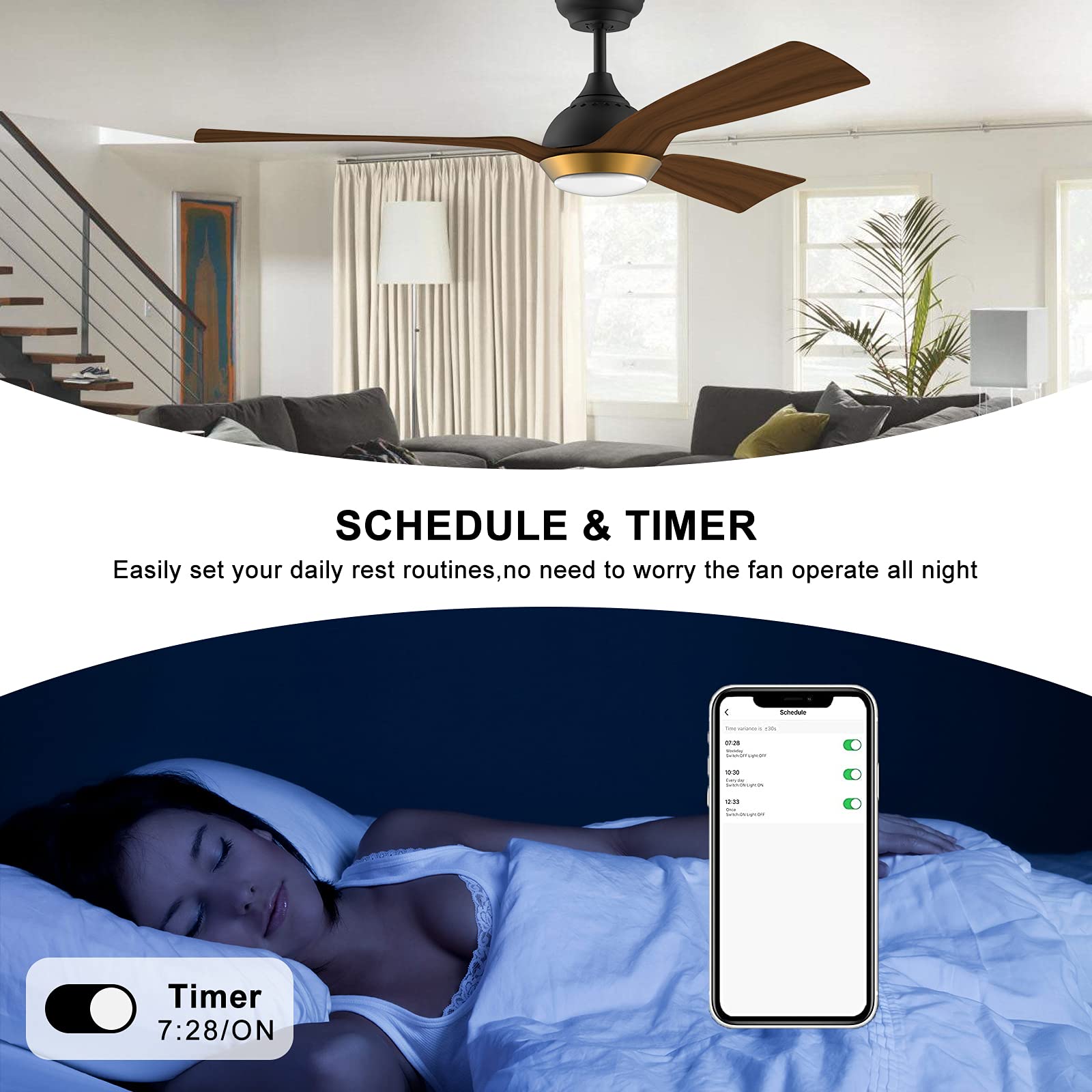 reiga Deckenventilator mit dimmbarer LED-Beleuchtung 132 cm Leiser DC-Motor mit starkem Luftstrom, 6 Geschwindigkeiten, 3 Farbtemperaturen, Fernbedienung für Wohnzimmer, Schlafzimmer & Büro