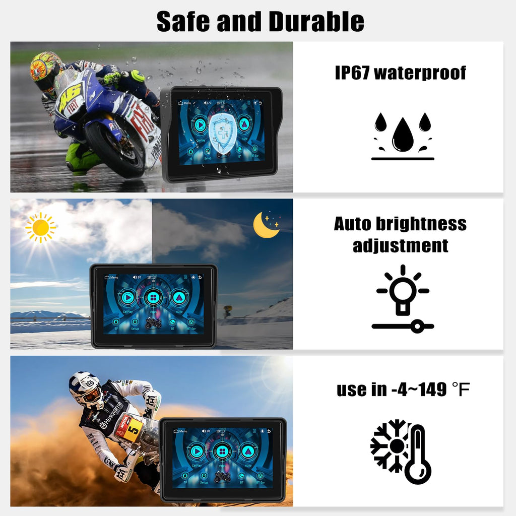 CAMECHO [2025 Carplay Motorrad Dash Navi Display für Moto, 5 Zoll HD-Touchscreen Wasserdicht Motorcycle Navigationsgeräte mit Wireless Carplay Android Auto Bluetooth GPS FM EQ Ton